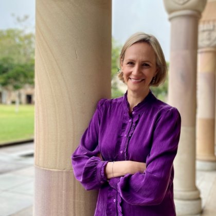 Dr Miriam Moeller standing in the Great Court at UQ St Lucia. 